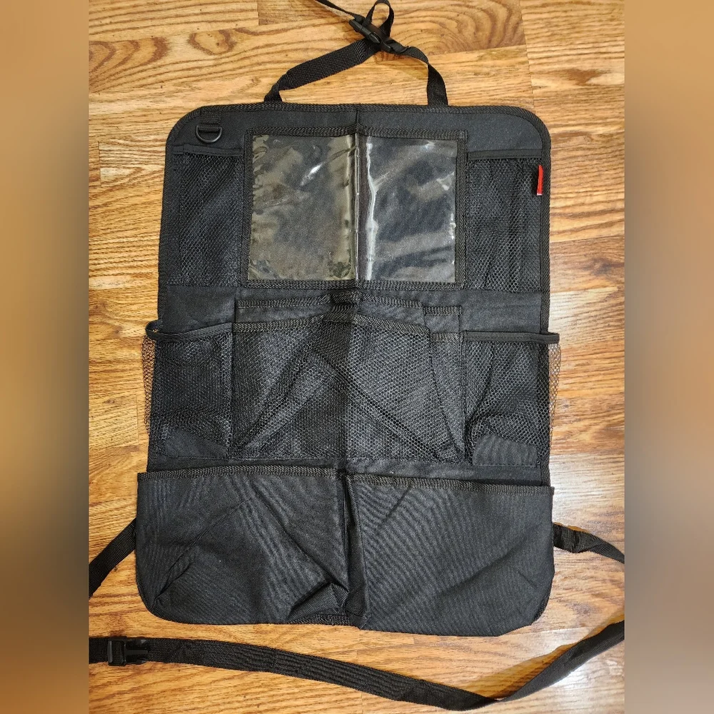 Black Backseat Car Organizer with Touch Screen Tablet Holder and lots of pockets